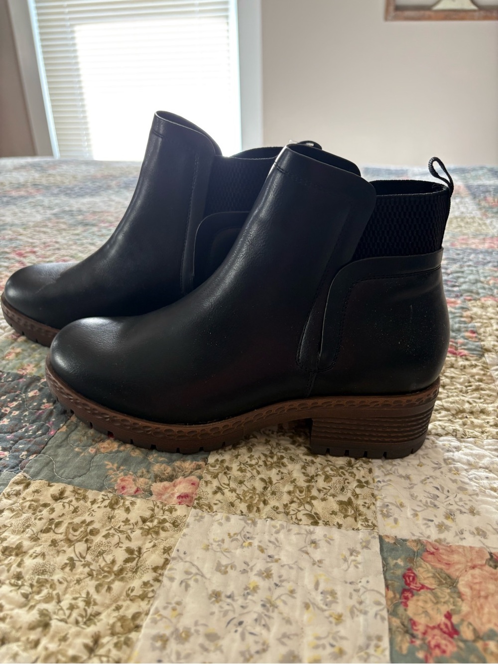 Women's Black Ankle Bootie with Brown Lug Sole
